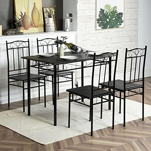 Esszimmer-Set mit Esstisch und 4 Stühlen, Buchenholzmaserung, weiße Metallbeine, perfekt für Esszimmer und Küche, präch