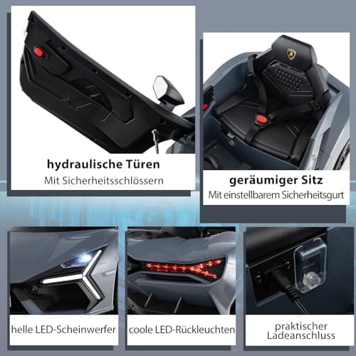 GOPLUIS Elektroauto für Kinder in Grau: 12V Lamborghini Kinderauto elektrisch in 2 Modi & mit Fernbedienung & LED-Leucht
