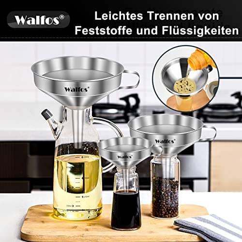 Walfos Trichter Set aus Edelstahl für Küche mit 2 abnehmbaren Siebfilter für Speiseöle, Marmelade und Reinigungsbürste |