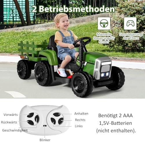 COSTWAY 12V 3-Gang Traktor mit LED Lichtern, Musik & Hupe für Kinder ab 3 Jahre - Grün