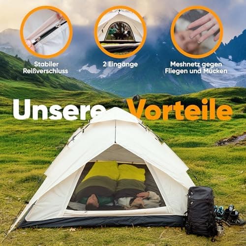 XXL Quicktent - Wasserdicht, Blitzschnell Aufgebaut & Windstabil - Campingzelt für 2-4 Personen - Top-Belüftung & Extra