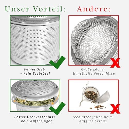Teesieb 2er Set Edelstahl – Loser Tee & Kräuter – Abtropfschale & Kette – Wiederverwertbar, spülmaschinenfest, BPA-frei