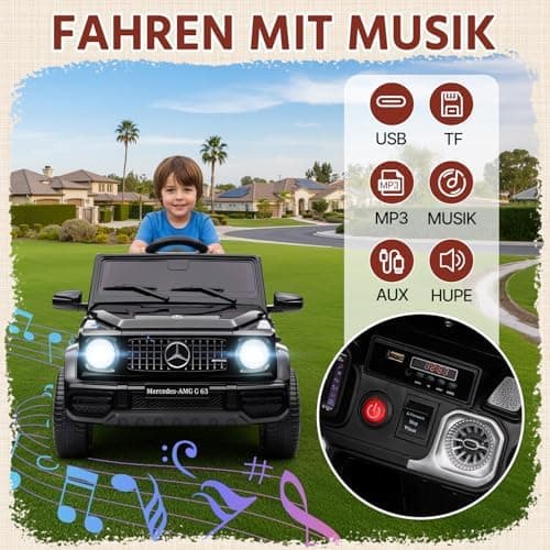 HAUSPROFI Kinder Elektroauto Mercedes AMG G63 Schwarz - Bluetooth, Musik und LED-Licht für 3+jährige Kinder