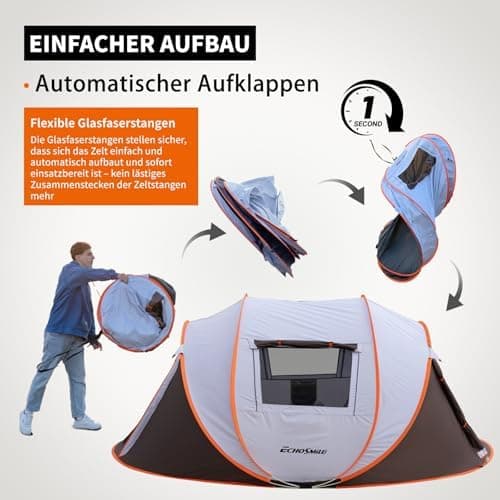 EchoSmile Pop-up-Zelt 4-8 Personen, wasserdicht mit 2 Belüftungsfenstern &.Fail-Safe-Unterstützung, Familienzelt & Outdo