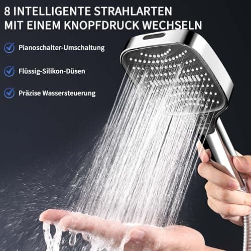 Duschbrause Duschkopf – Wassersparender Duschkopf mit 8 Strahlarten und Stoppfunktion, groß, Silber Chrom