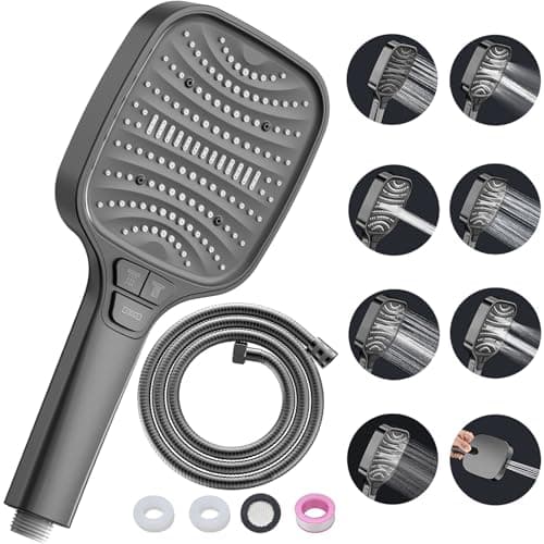 Duschbrause Duschkopf – Wassersparender Duschkopf mit 8 Strahlarten und Stoppfunktion, groß, Silber Chrom