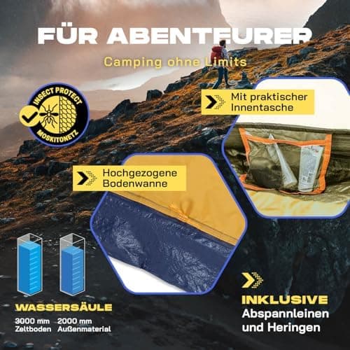 Lumaland Camping Zelt - Leichtes Pop Up Wurfzelt 210x190x110cm | Trekking & Festival Igluzelt | 2-4 Personen Wasserdicht