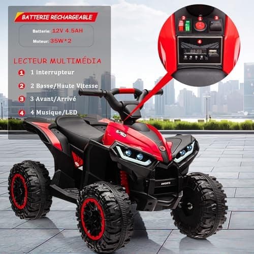 12V Kinderquad Elektroauto für 3+ Jahrealte Kinder mit LED und Musik, 2 Geschwindigkeiten und Hupe, Fernbedienung inklus