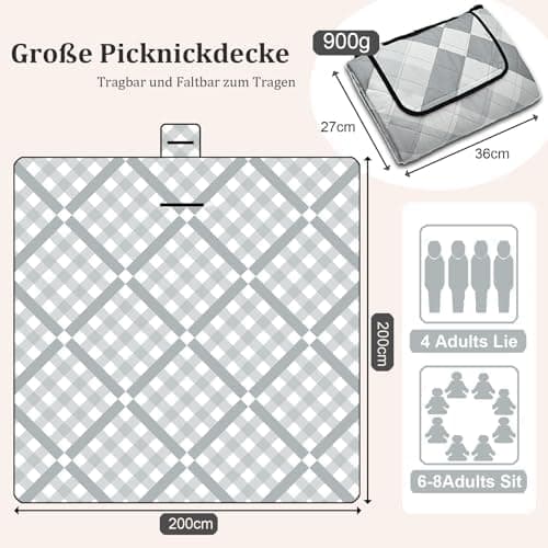 Wasserdichte Picknickdecke XXL Gitter-Grau für Strand und Camping 200x200cm