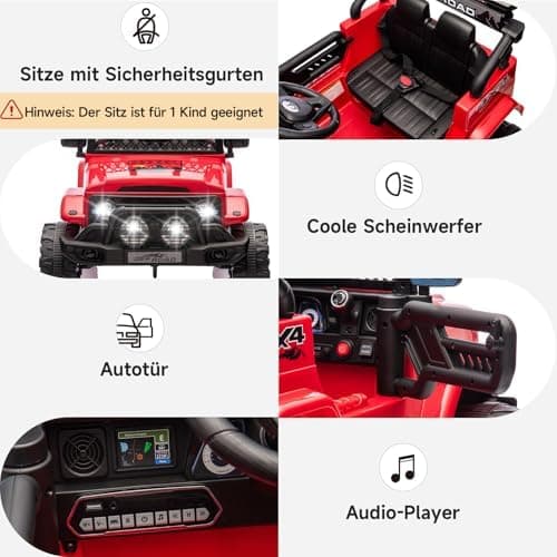 HAUSPROFI Kinder Elektroauto 12V - Elektro Kinderauto mit 2,4G Fernbedienung, LED, Bluetooth und Musik für 3-5 km/h - id