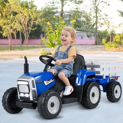 COSTWAY 12V 3-Gang Traktor mit LED Lichtern, Musik & Hupe für Kinder ab 3 Jahre - Grün