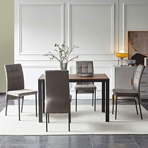 NORDICANA Grauer Esstisch Set 4er Stühle, Rechteckig MDF-Holztisch + Polsterstuhl Samtbezug, für Küche, Büro, Balkon, Re