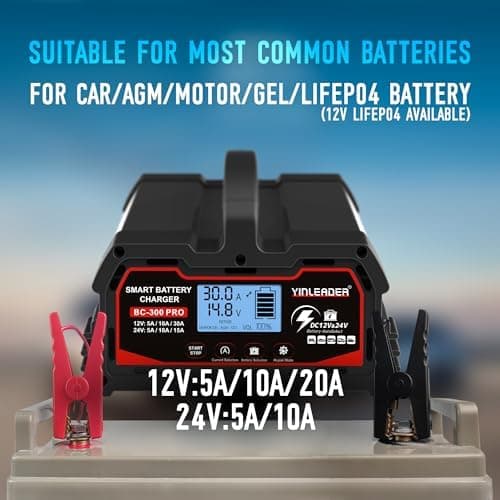 Yinleader Autobatterie Ladegerät Schwarz - Intelligente Erhaltung für 12V/24V LiFePO4 Batterien mit LCD