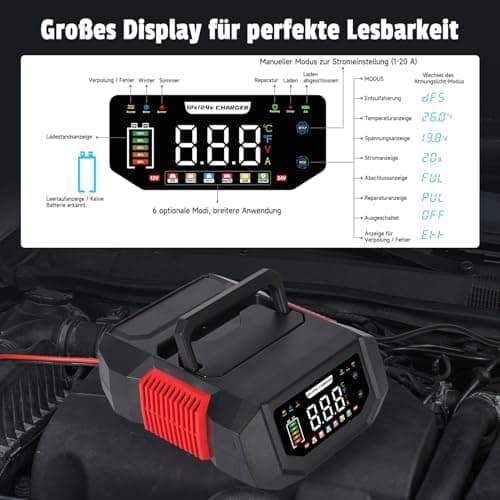 Autobatterie Ladegerät 12V/24V KFZ HAUSPROFI 20Aelligentes Batterieladegerät für Auto, Motorrad & LKW CongoSafe 9-Stufig