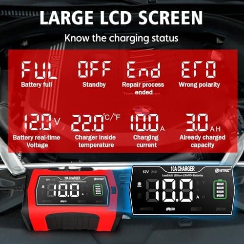HTRC 16A Autobatterieladegerät, 6V/12V/24V-Ladegerät für Autofahrer, Motorrad- und Rasenmähernutzung, Lithium und LiFePO