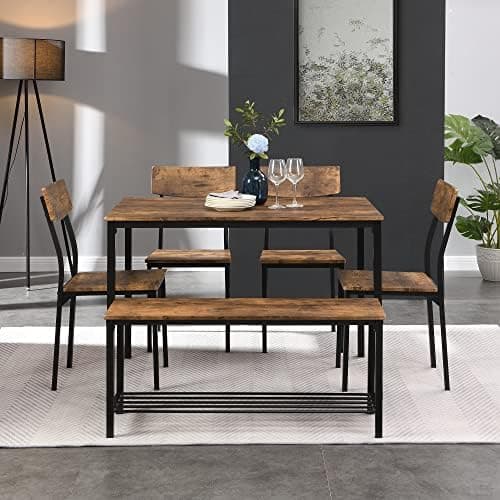 HAUSPROFI Vintagebrauner Esszimmertisch mit 6er Set Stühlen und Sitzbank, 70x110x75cm, Stahlrahmen, Küchentisch-Stil, Id