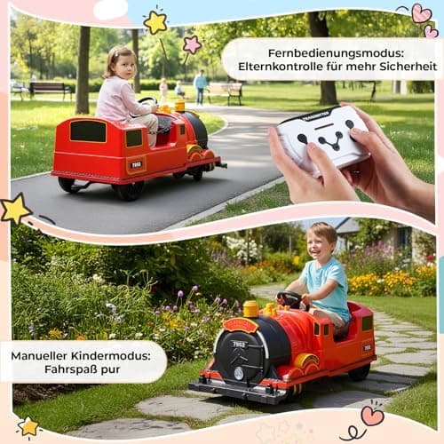 MAMIZO Elektro Zug mit Zugwaggon - Kinder Elektroauto 12V - für Kinder 3-8 Jahre - Schaukelmodus, Musik & Hupe - Rot