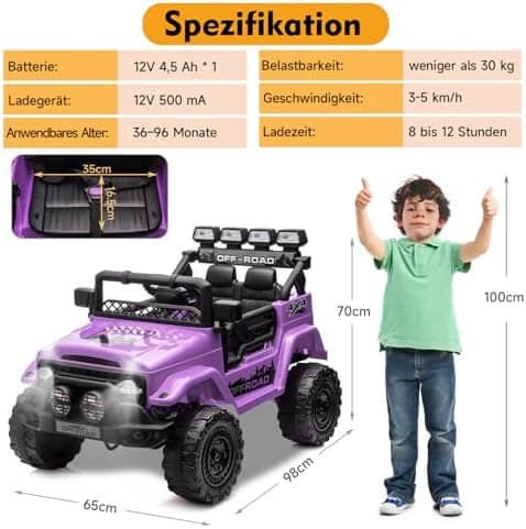 HAUSPROFI Kinder Elektroauto 12V - Elektro Kinderauto mit 2,4G Fernbedienung, LED, Bluetooth und Musik für 3-5 km/h - id