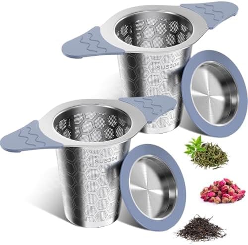 Teesieb für Teekannen mit Deckel und Breiter Griff, hitzebeständiges Silikon, 304 Edelstahl, ideal für lange Teekräuter