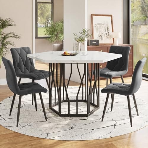 HAUSPROFI Küchen Esstisch Set für Küche Esszimmer Wohnzimmer - 5-teiliges Sechseckiges Esstisch Set mit 4 Stühlen (Grau