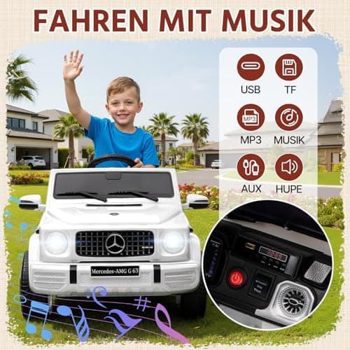HAUSPROFI Kinder Elektroauto Mercedes AMG G63 Schwarz - Bluetooth, Musik und LED-Licht für 3+jährige Kinder