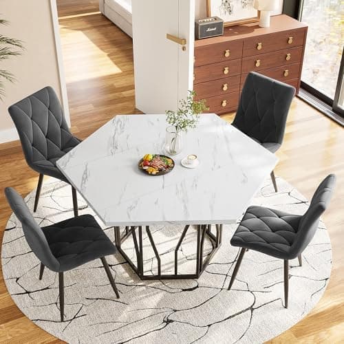 HAUSPROFI Küchen Esstisch Set für Küche Esszimmer Wohnzimmer - 5-teiliges Sechseckiges Esstisch Set mit 4 Stühlen (Grau
