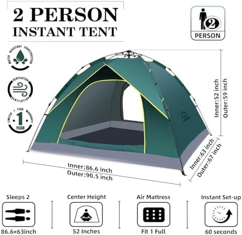 Camping 2 Mann Wasserdichtes Pop Up Zelt 2 Personen Trekking & Festival Igluzelt Sekundenzelt 230x170x135cm Perfekter Wi