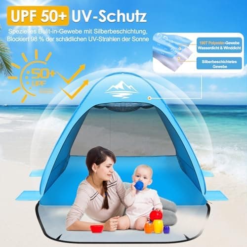 MAXDONE Strandmuschel Pop Up Strandzelt für Familien UV50+ Schutz Automatisches Strand Camping Zelt Tragbar Extra Light