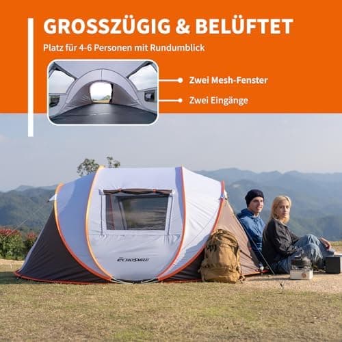 EchoSmile Pop-up-Zelt 4-8 Personen, wasserdicht mit 2 Belüftungsfenstern &.Fail-Safe-Unterstützung, Familienzelt & Outdo