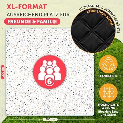 BlumtalPremium Picknickdecke wasserabweisend 200x200 cm - Outdoor-Decke Boho & Terrazzo Design - waschbar + weiche Zwisc