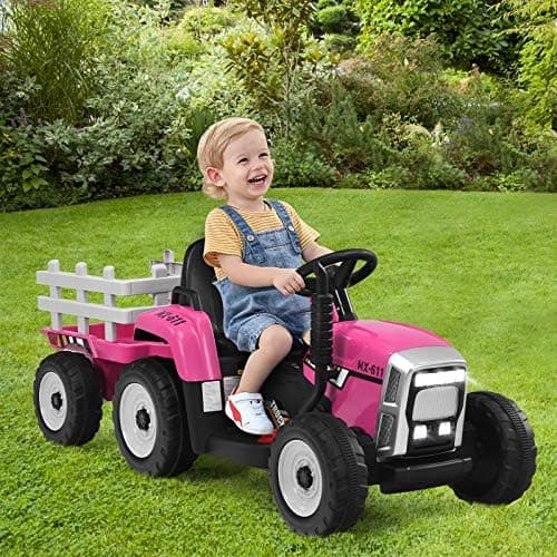 COSTWAY 12V 3-Gang Traktor mit LED Lichtern, Musik & Hupe für Kinder ab 3 Jahre - Grün