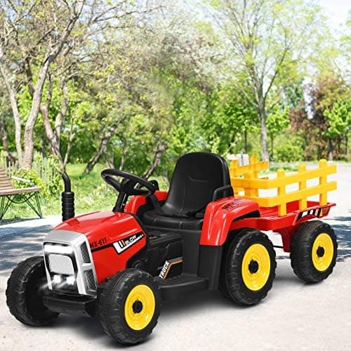 COSTWAY 12V 3-Gang Traktor mit LED Lichtern, Musik & Hupe für Kinder ab 3 Jahre - Grün