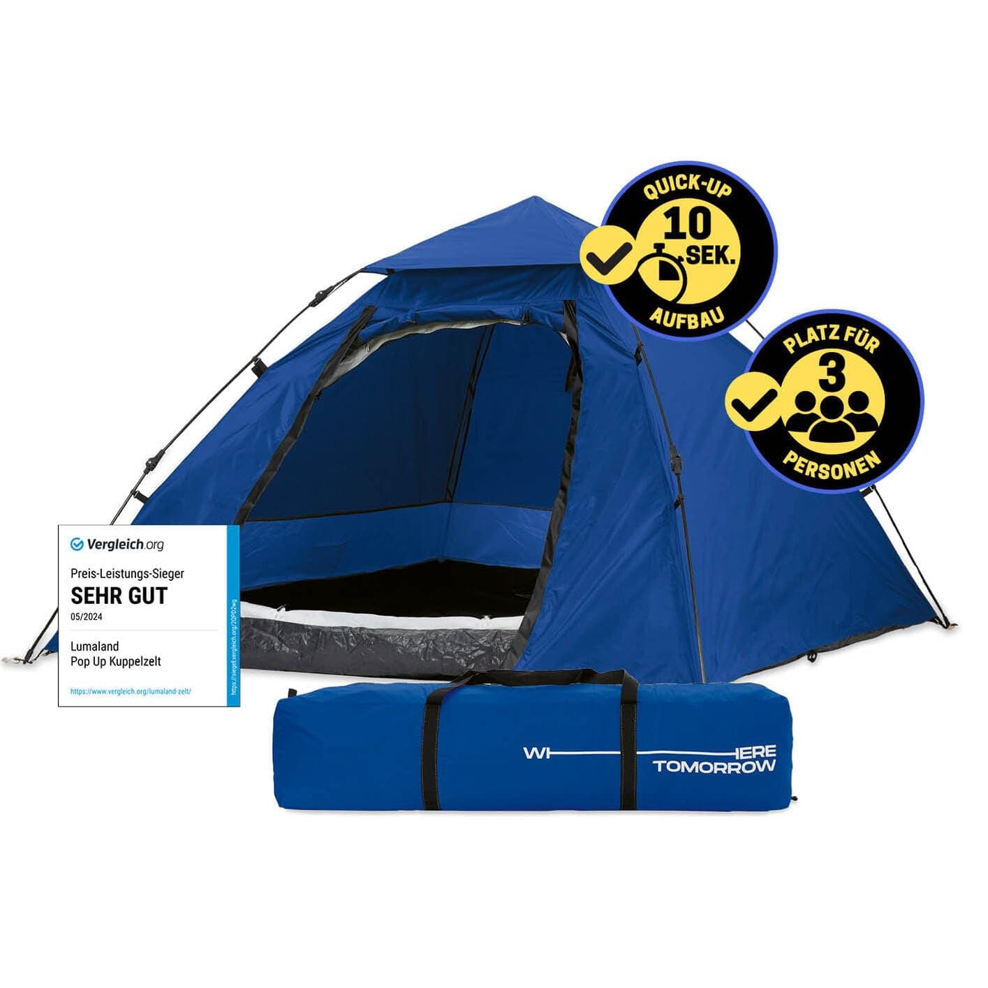 Lumaland Pop Up Camping Zelt 2-3 Personen | 4 Jahreszeiten Igluzelt Leicht, Wasserdicht & Robust | Outdoor Trekking & Fe