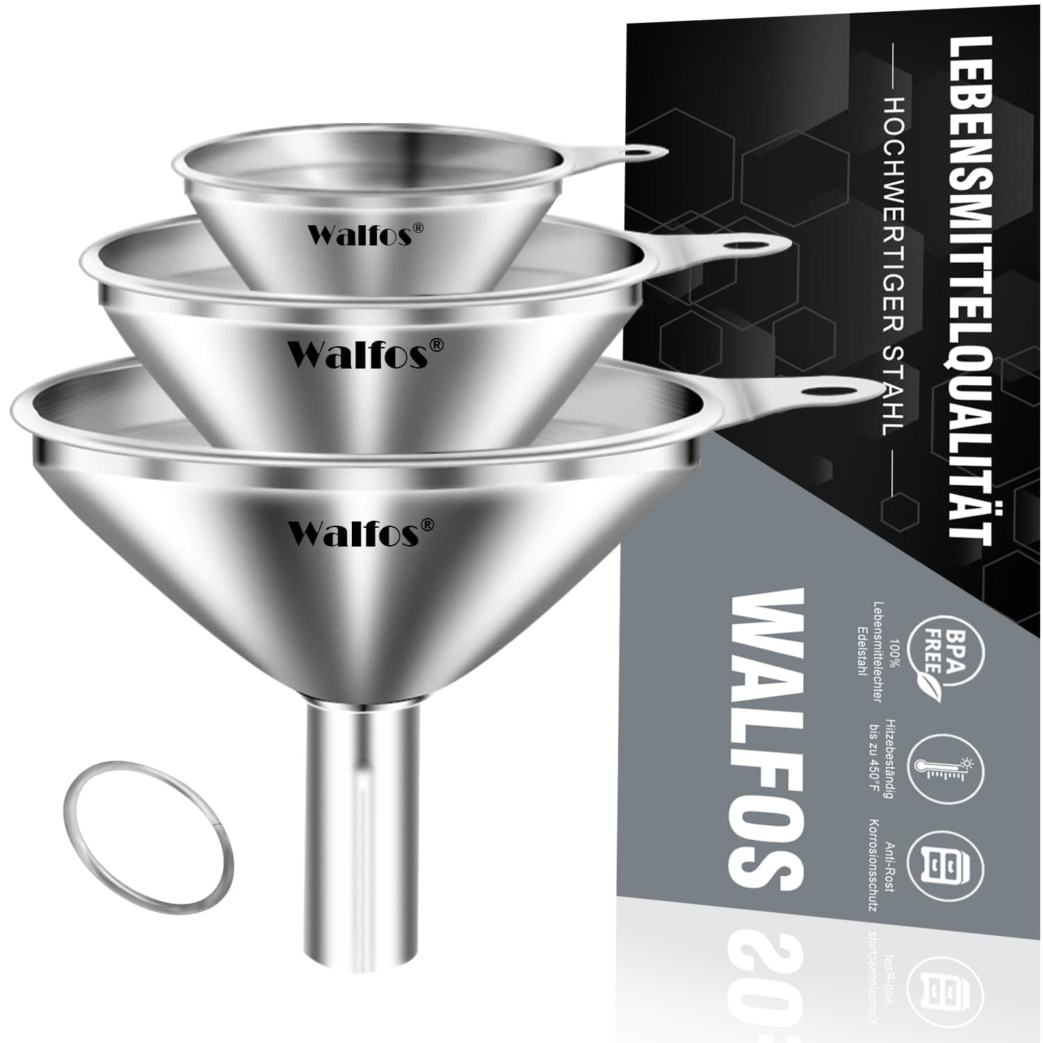 Walfos® Trichter Edelstahl 3 Stück | Mini Trichter für Küche | Flüssigkeiten und kleine Flaschen | Salz, Zucker, Öl, Par