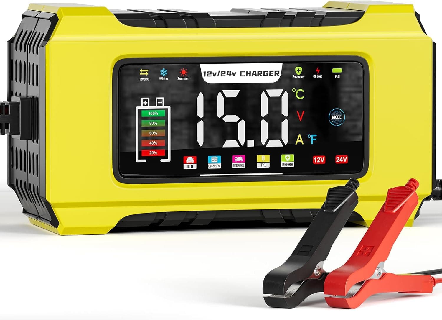 15A Autobatterieladegerät 12V/24V Automatischer Smart Charger Monitor mit LCD-Bildschirm für Auto-Batterien und LiFePO4-