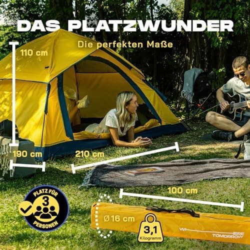 Lumaland Camping Zelt - Leichtes Pop Up Wurfzelt 210x190x110cm | Trekking & Festival Igluzelt | 2-4 Personen Wasserdicht