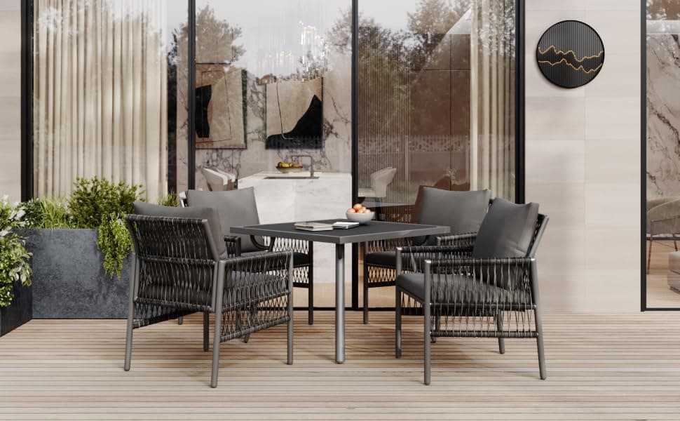 HAUSPROFI Gartenmöbel Set 5-TLG - 83x83cm Esstisch mit Sitzkissen für Aufderterrasse und im Garten