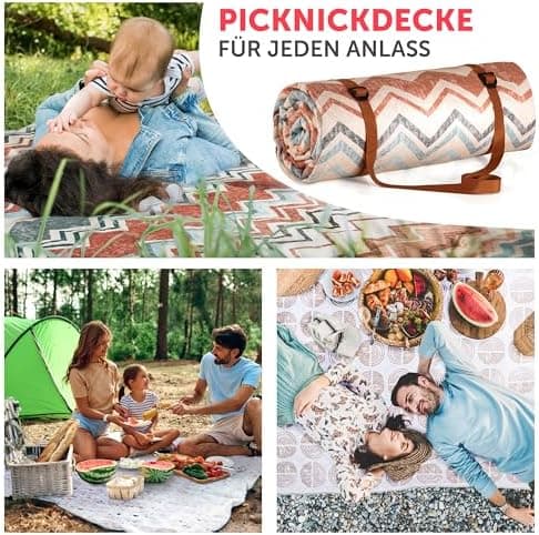 BlumtalPremium Picknickdecke wasserabweisend 200x200 cm - Outdoor-Decke Boho & Terrazzo Design - waschbar + weiche Zwisc