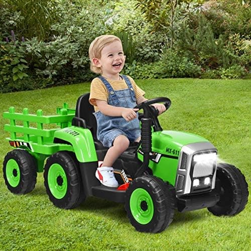 COSTWAY 12V 3-Gang Traktor mit LED Lichtern, Musik & Hupe für Kinder ab 3 Jahre - Grün