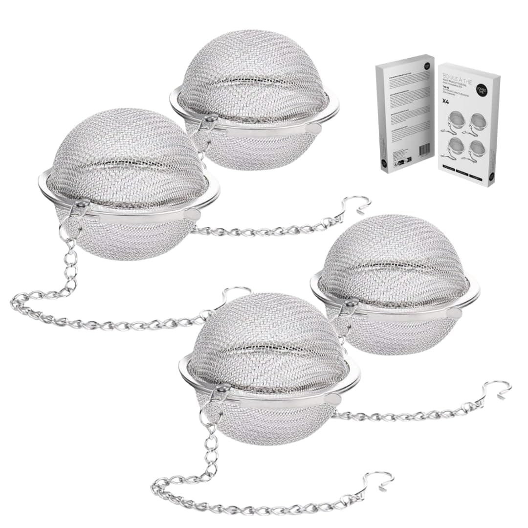 4 Stück 4,5 cm Edelstahl Teefilter mit Kette für losen Tee | feingemachter Tee Filter mit Prallkette (4 Stück - 4,5 cm Ø