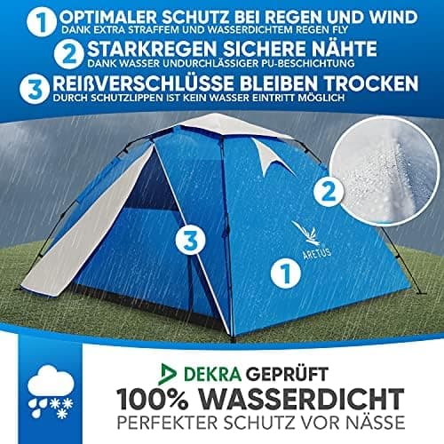 Aretus Wurfzelt 2-4 Personen - 45 Sekunden Aufbaustime - Wasserdicht & Extra Groß - 3 Personen Pop up Zelt