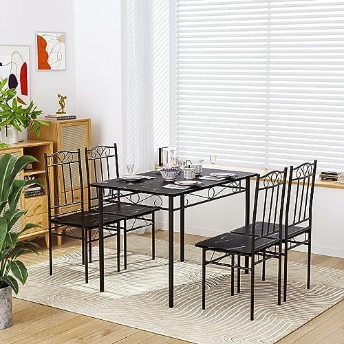 Esszimmer-Set mit Esstisch und 4 Stühlen, Buchenholzmaserung, weiße Metallbeine, perfekt für Esszimmer und Küche, präch
