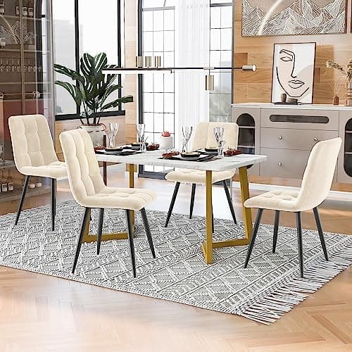 HAUSPROFI Weiß + Gold Esszimmertisch mit 4 Stühlen - Modernes Esszimmermöbel Set (68x117x75cm, Samtbezahle Stühle)