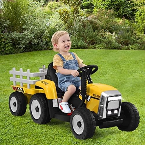 COSTWAY 12V 3-Gang Traktor mit LED Lichtern, Musik & Hupe für Kinder ab 3 Jahre - Grün
