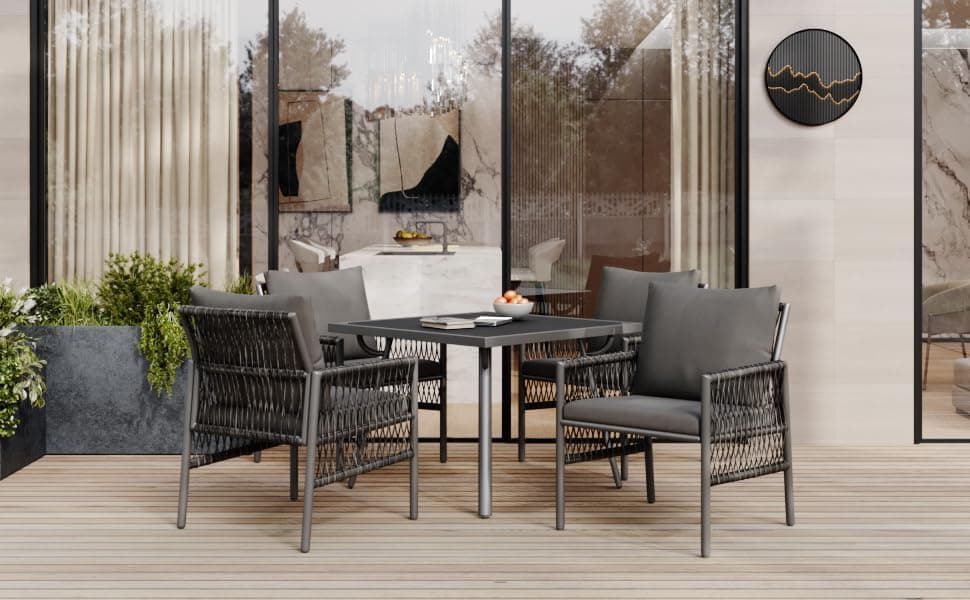 HAUSPROFI Gartenmöbel Set 5-TLG - 83x83cm Esstisch mit Sitzkissen für Aufderterrasse und im Garten