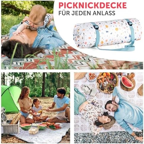 BlumtalPremium Picknickdecke wasserabweisend 200x200 cm - Outdoor-Decke Boho & Terrazzo Design - waschbar + weiche Zwisc