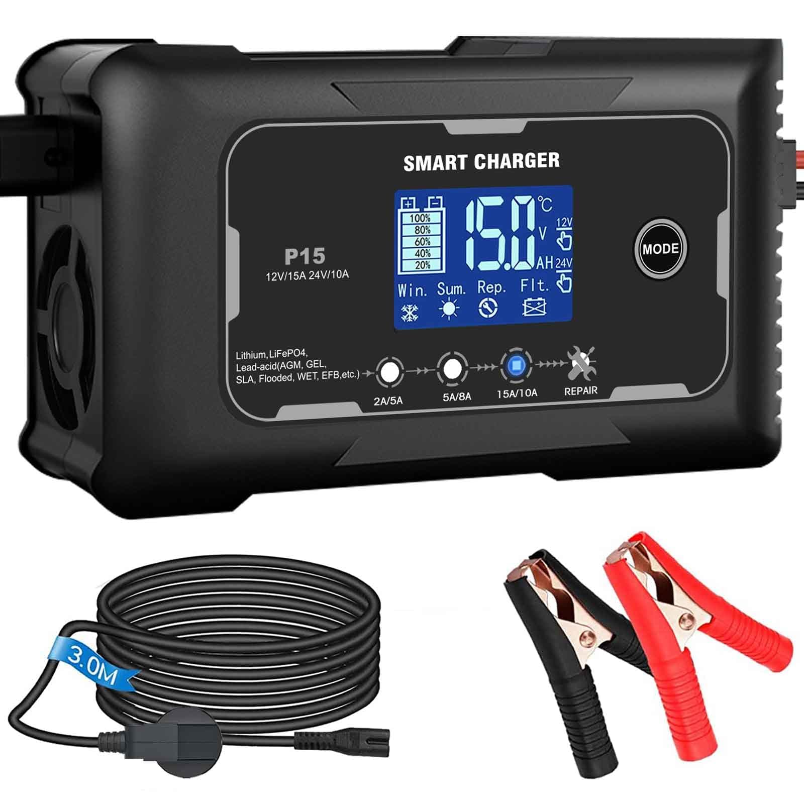 HTRC Ladegerät Autobatterie 12V/15A & 24V/10A - Batterieladegerät für KFZ - Auto, Motorrad, Rasenmäher, Boot | Lithium,