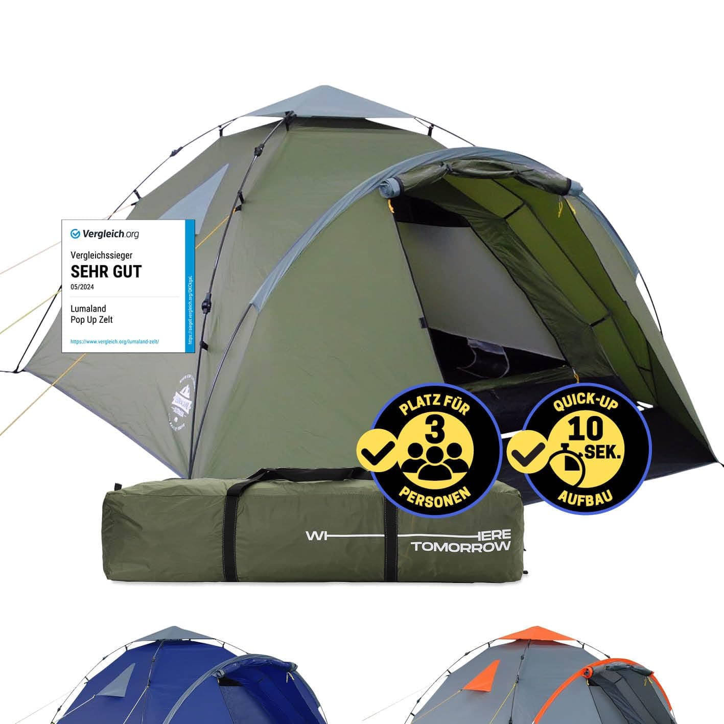 Lumaland Pop Up Zelt Grün | Wasserdicht & Windfest | Ideal für Familie mit 3-4 Personen | Camping, Festival & Reise | Ul