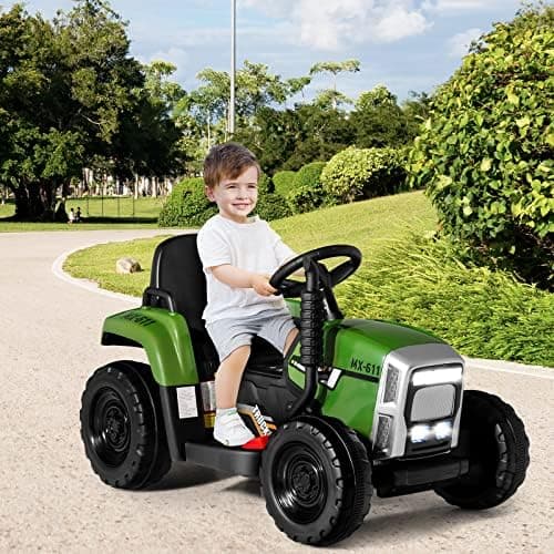 COSTWAY 12V 3-Gang Traktor mit LED Lichtern, Musik & Hupe für Kinder ab 3 Jahre - Grün