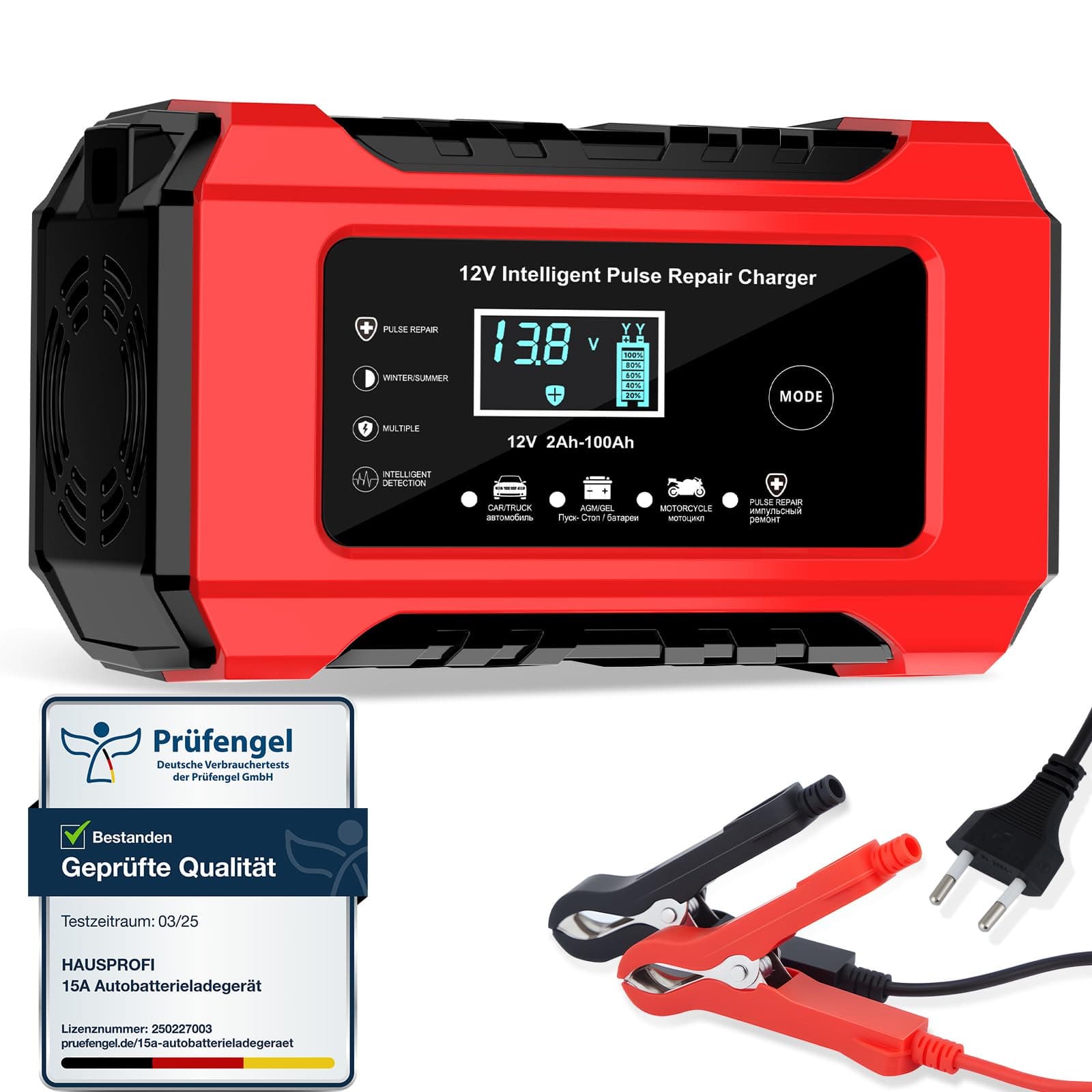 Autobatterie Ladegerät 12V 6A, Reparaturfunktion & Wintermodus für Auto & Motorrad